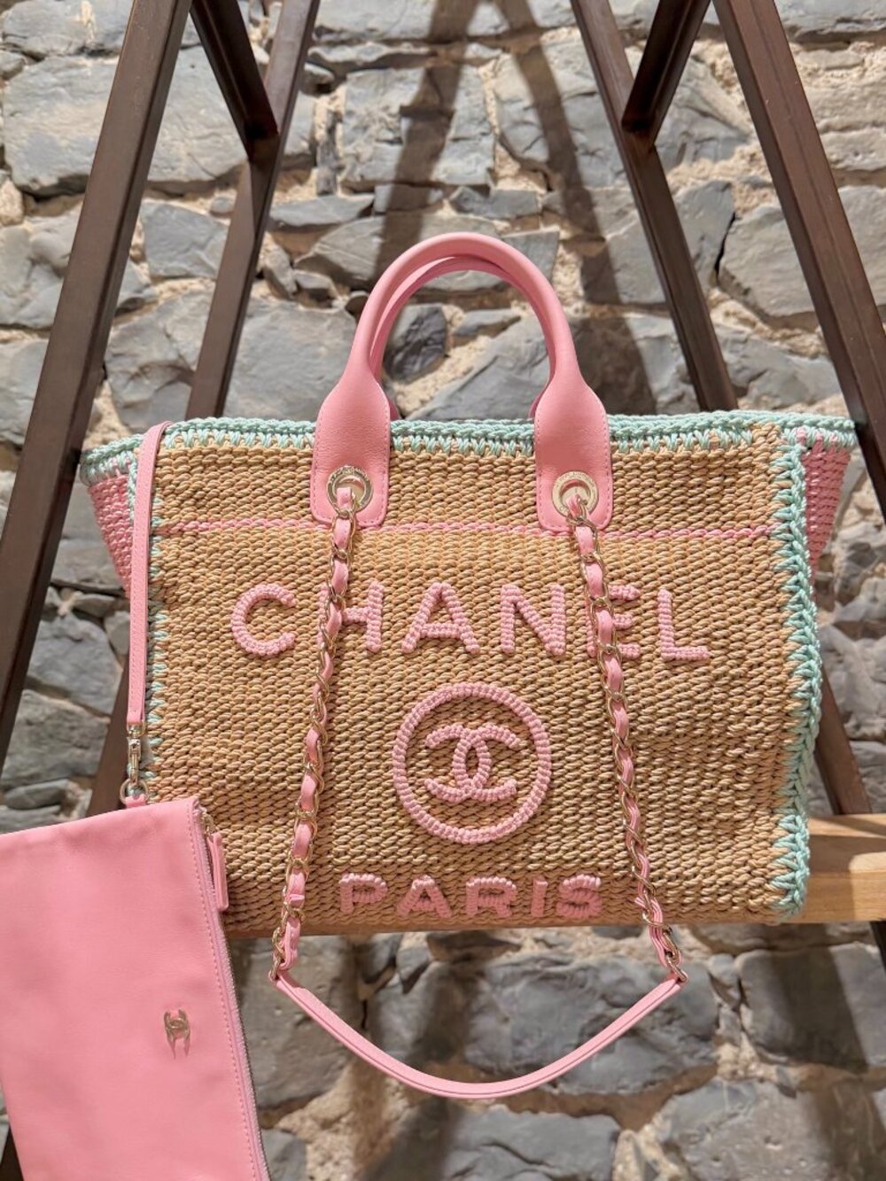 Chanel 2024 Tricolor Crochet Medium Deauville Tote Bag With Pouch